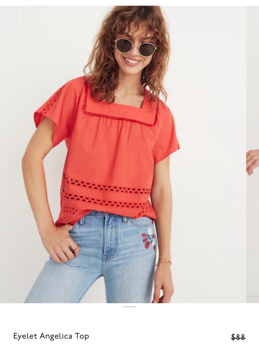 Madewell Coral-Colored Eyelet Square-Neck Cotton Short Sleeve Peasant Blouse - Picture 5 of 5